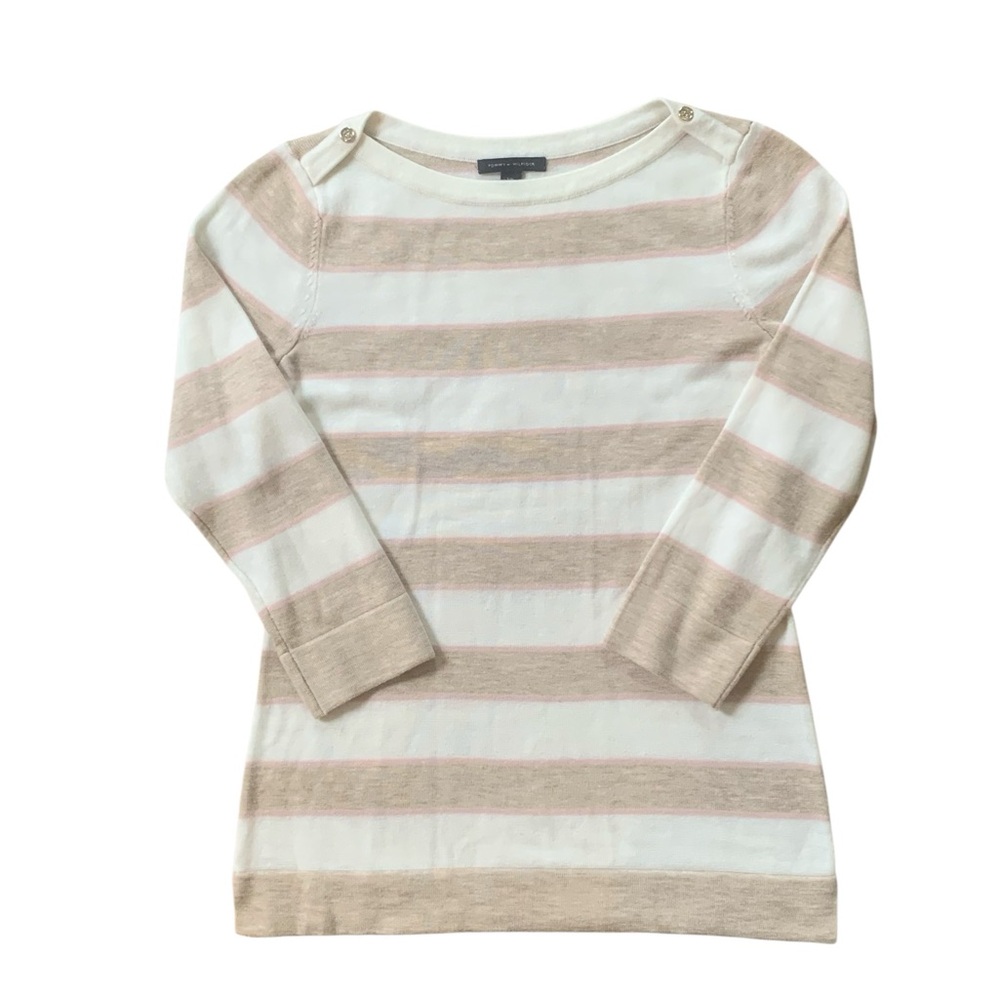 Tommy Hilfiger Striped Nautical Shoulder Button Sweater Pink Tan Cream Small